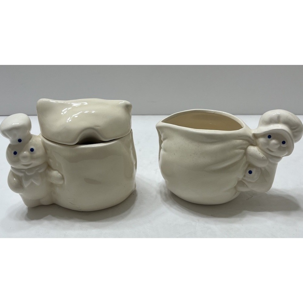 Vintage The Pillsbury Company Doughboy Ceramic Creamer Sugar Set White 1988